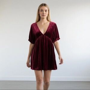 Free People Velvet Babydoll Mini Dress Deep V Neck Tie Back Burgundy Womens XL